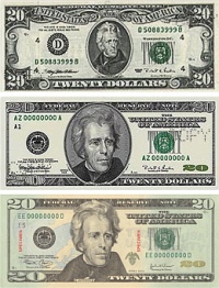 Three $20 bills of different designs